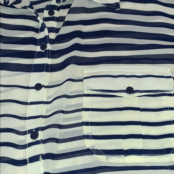 Forever 21 Semi Sheer Blouse Size L Navy & Yellow - Picture 10 of 12